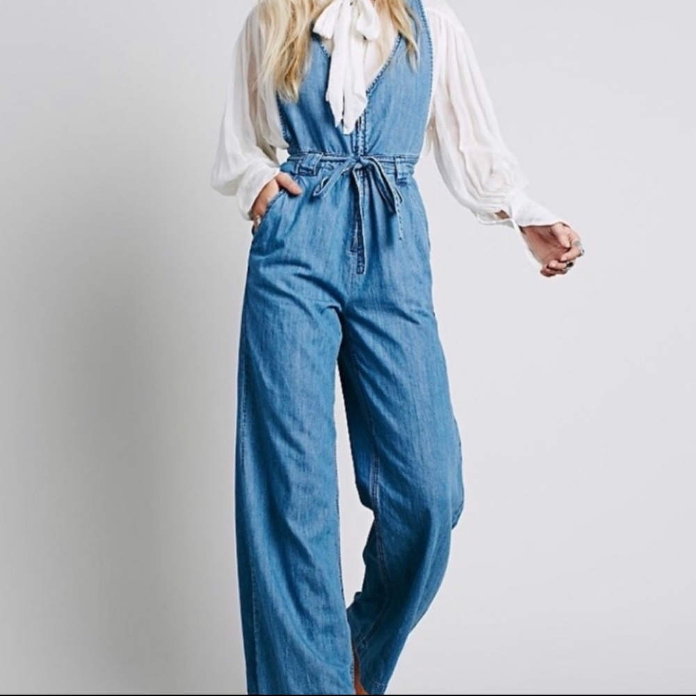IOS Free People clara chambray denim jumpsuit